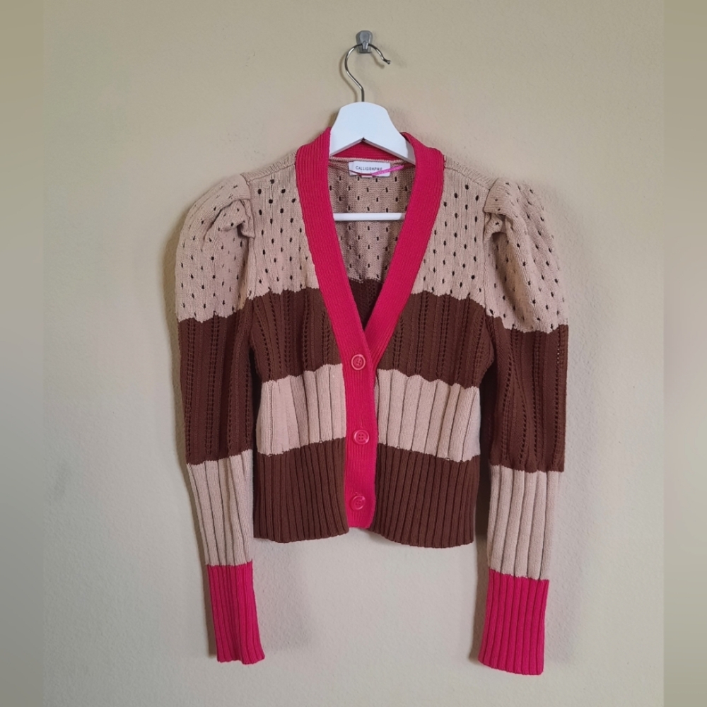 Calligraphe Brown Tan And Pink Puff Sleeve Button Down Cardigan